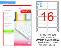 Tanex Tw-2016 99.1 mm X 34 mm Beyaz Etiket 16'lı resmi