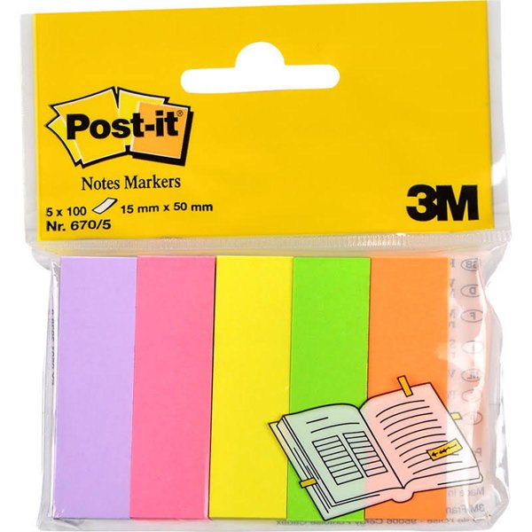 3M Post-it 670 Yapışkanlı Not Kağıdı 15 mm x 50 mm Sayfa İşareti 5 Renk 100 Yaprak resmi