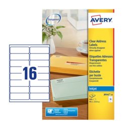 Avery J8562-25 Inkjet Şeffaf Adres ve Sevkiyat Etiketi 16'lı 25 yaprak - 99,1 x 34 mm resmi
