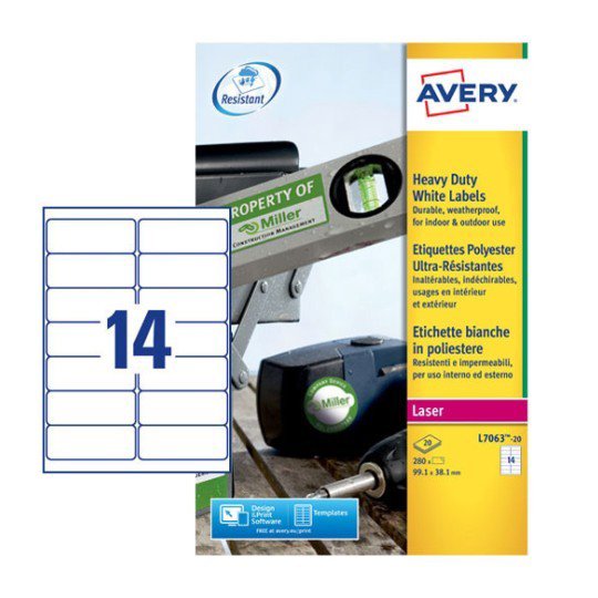 Avery L7063 Dayanıklı Etiket 14'lü 20 yaprak - 99,1 x 38,1 mm resmi