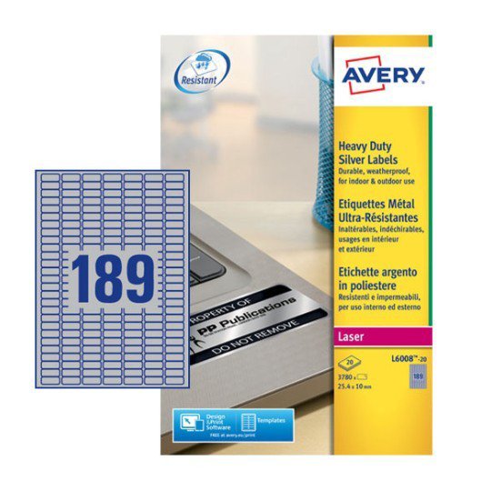 Avery L6008-20 Dayanıklı Etiket 189'lu - 20 yaprak 25,4 x 10 mm resmi