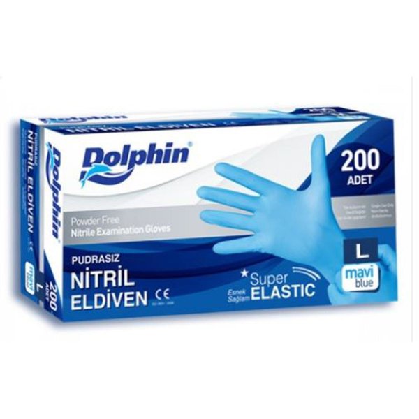 Dolphin Süper Elastik Pudrasız Nitril Eldiven Mavi M 200'lü Paket resmi