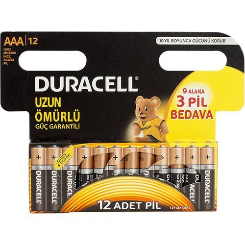Duracell AAA Ince Pil 12'li 9+3 Paket resmi