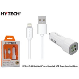 Hytech HY-X44 iPhone Lightning Kablolu 3.4A Hızlı Şarj 2 USB Beyaz Araç Şarj Cihazı resmi
