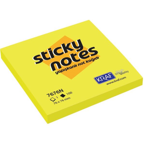 Kraf Yapışkanlı Not Kağıdı 76x76 Neon Sarı Renk 7676N 100 yaprak resmi