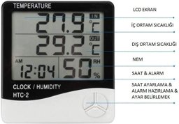 Htc-2 Problu Dijital Termometre Saat Isı Sıcaklık Nem Ölçer  resmi