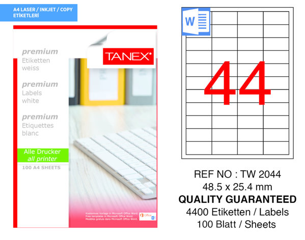 Tanex TW-2044 48,5 mm x 25,4 mm Beyaz Sevkiyat ve Lojistik Etiketi 44'lü resmi