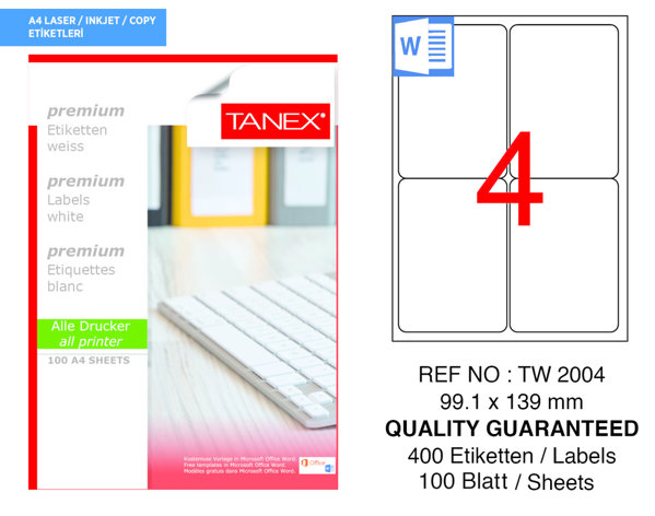 Tanex TW-2004 99.1 mm x 139 mm Beyaz Sevkiyat ve Lojistik Etiketi 4'lü resmi