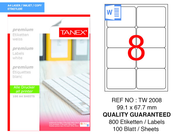 Tanex TW-2008 99.1 mm x 67.7 mm Beyaz Sevkiyat ve Lojistik Etiketi 8'li resmi