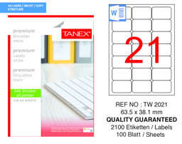 Tanex TW-2021 63.5 mm x 38.1 mm Beyaz Etiket 21'li resmi