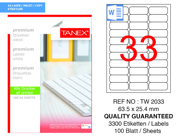 Tanex TW-2033 63.5 mm x 25.4 mm Beyaz Etiket 33'lü resmi