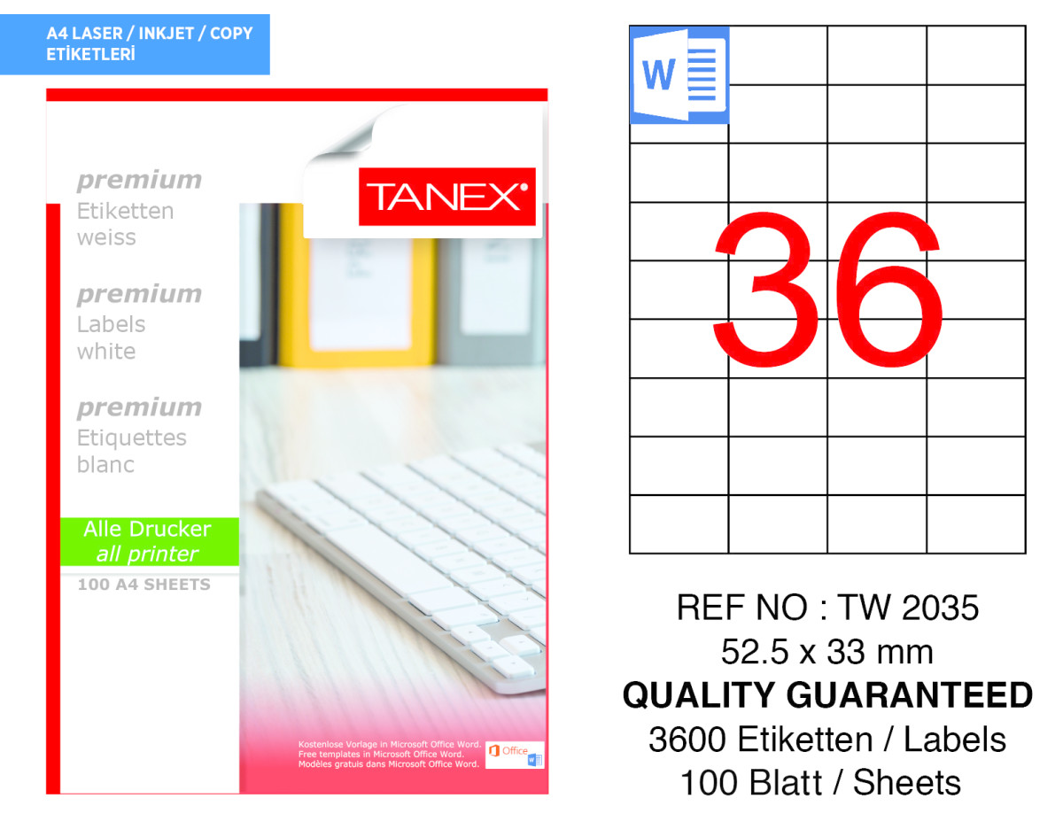 Tanex TW-2035 52.5 mm x 33 mm Beyaz Etiket 36'lı resmi
