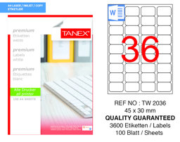 Tanex TW-2036 45 mm x 30 mm Beyaz Etiket 36'lı resmi