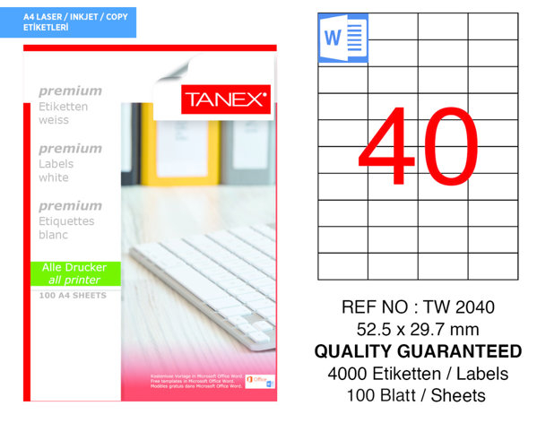 Tanex TW-2040 52.5 mm x 29.7 mm Beyaz Adresleme ve Postalama Etiketi 40'lı resmi