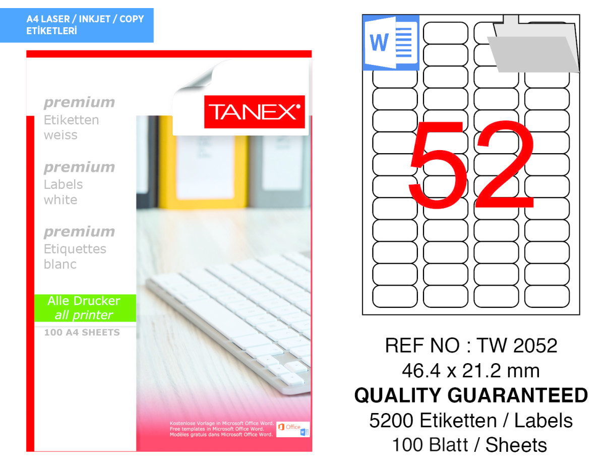 Tanex TW-2052 46.4 mm x 21.2 mm Beyaz Etiket 52'li resmi