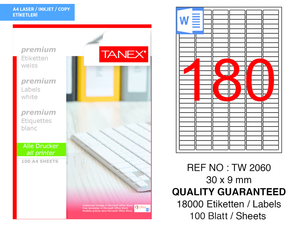 Tanex TW-2060 30 mm x 9 mm Beyaz Etiket 180'li resmi