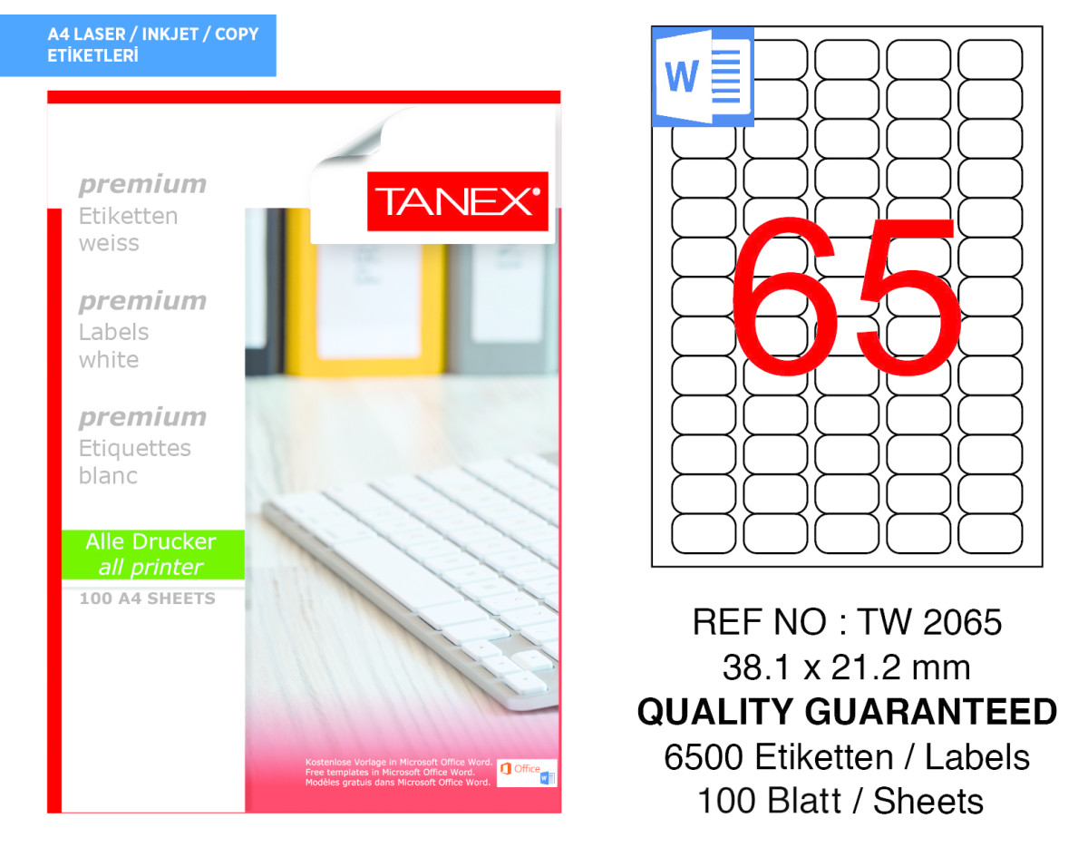 Tanex TW-2065 38.1 mm x 21.12 mm Beyaz Etiket 65'li resmi