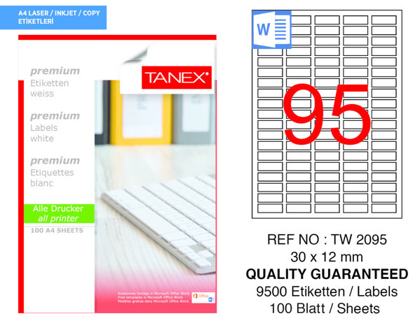 Tanex TW-2095 30 x 12 mm Beyaz Etiket 95'li resmi