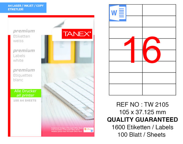 Tanex TW-2105 105 mm x 37.125 mm Beyaz Adresleme ve Postalama Etiketi 16'lı resmi