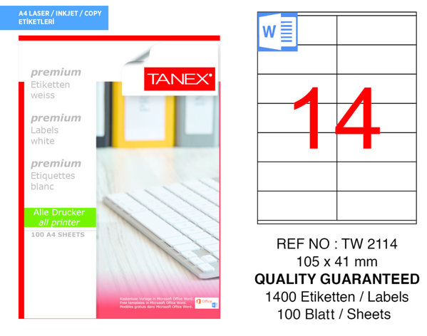 Tanex TW-2114 105 mm x 41 mm Beyaz Adresleme ve Postalama Etiketi 14'lü resmi
