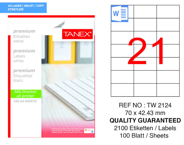 Tanex TW-2124 70 mm x 42.43 mm Beyaz Adresleme ve Postalama Etiketi 21'li resmi