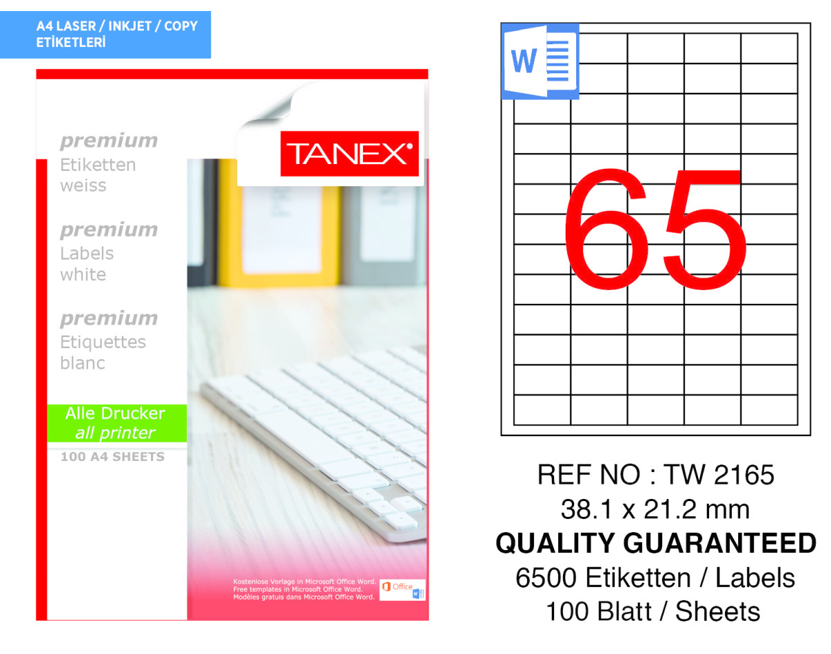 Tanex TW-2165 38.1 mm x 21.2 mm Beyaz Etiket 65'li resmi