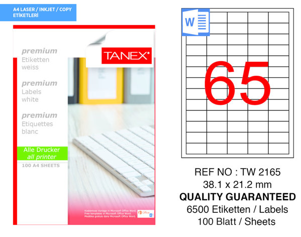 Tanex TW-2165 38.1 mm x 21.2 mm Beyaz Etiket 65'li resmi