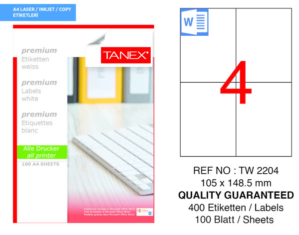 Tanex TW-2204 105 mm x 148.5 mm Beyaz Sevkiyat ve Lojistik Etiketi 4'lü resmi