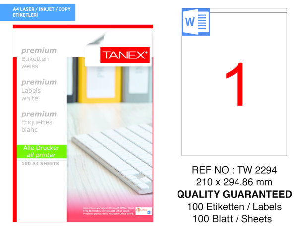 Tanex TW-2294 210 mm x 294.86 mm Beyaz Sevkiyat ve Lojistik Etiketi resmi