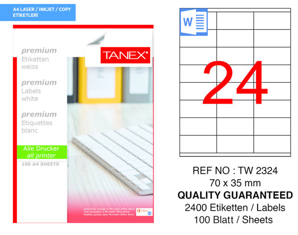 Tanex TW-2324 70 mm x 35 mm Beyaz Adresleme ve Postalama Etiketi 24'lü resmi