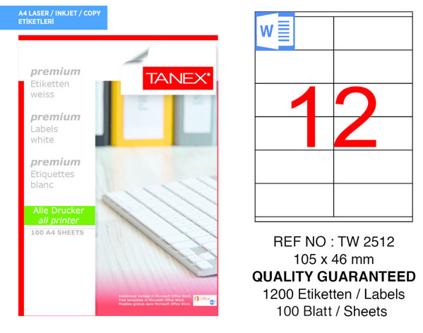 Tanex TW-2512 105 mm x 46 mm Beyaz Adresleme ve Postalama Etiketi 12'li resmi