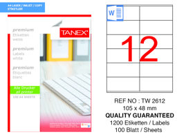 Tanex TW-2612 105 mm x 48 mm Beyaz Adresleme ve Postalama Etiketi 12'li resmi
