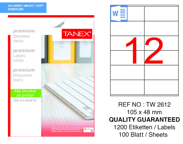Tanex TW-2612 105 mm x 48 mm Beyaz Adresleme ve Postalama Etiketi 12'li resmi